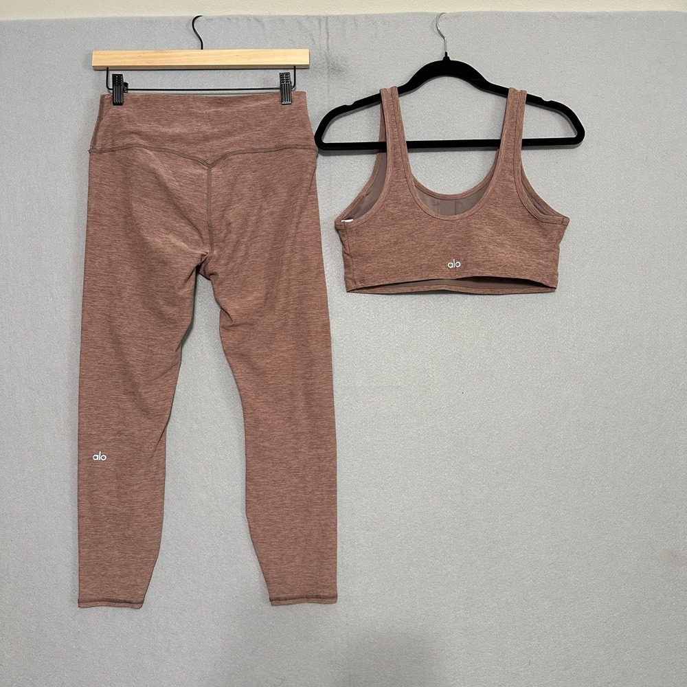 Alo Yoga Alosoft Heathered Mauve Sports Bra and Leggings Set Large - Picture 2 of 15